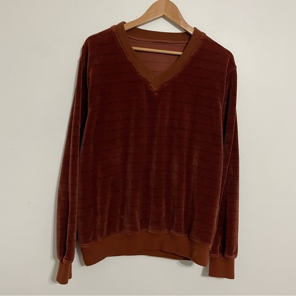 Burnt Orange Velvet Velour Knit V-Neck Striped Pull Over Sweatshirt Sweater - Picture 2 of 5